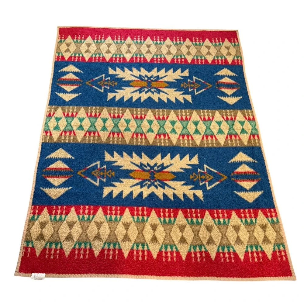Vtg Biederlack Blanket Southwestern Aztec Tribal Geometric Fleece Throw Germany